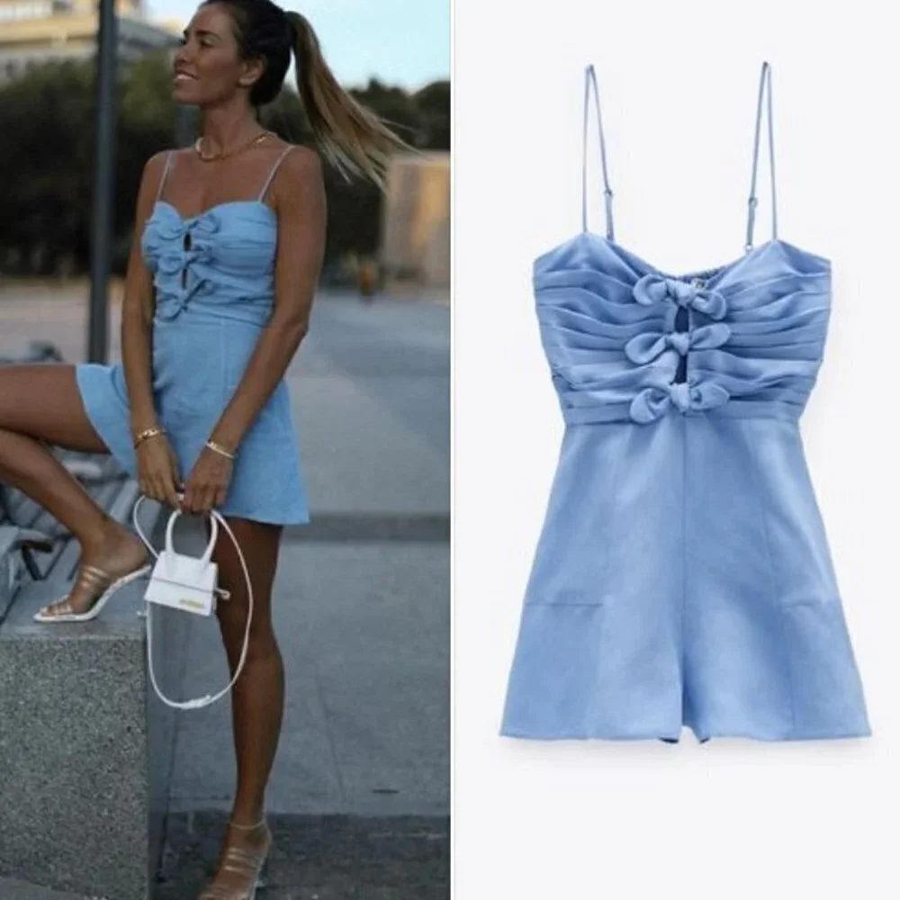 Zara | Blogger Favorite; Rustic Bow Playsuit in Sky Blue